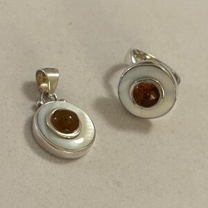 Laura Tosato 925 Sterling Silver Mother of Pearl & Amber Pendant & Ring Set